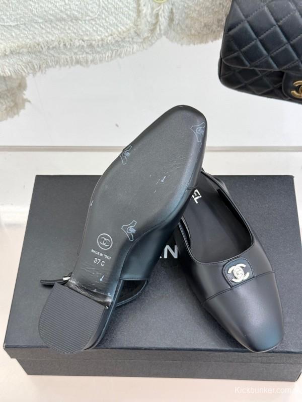 2025 Women Chanel Black Leather Slingback Flats