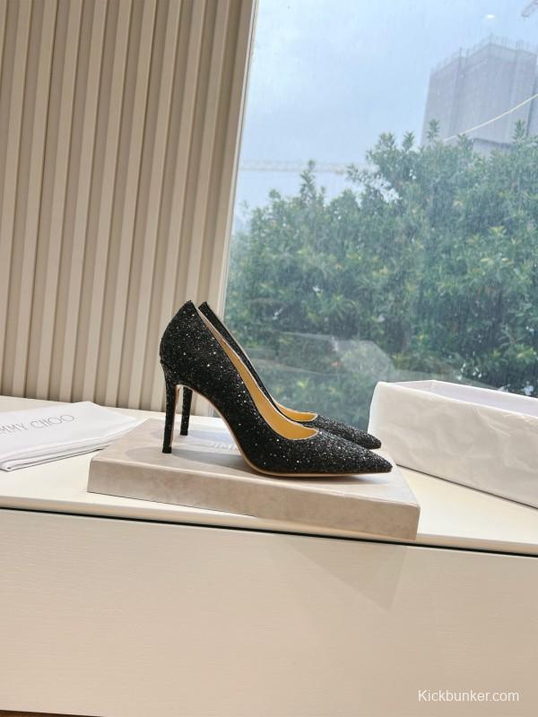 2025 Women Jimmy Choo Black Glitter Leather High Heel Pumps KFY00280