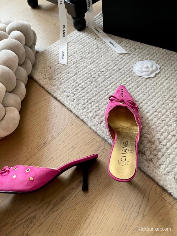 2025 Women Chanel Pink Suede Slip-on Mules KFY00290