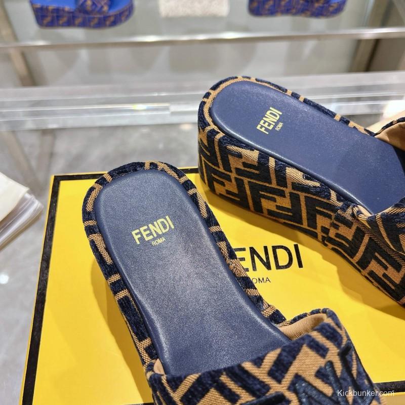 2025 Slippers Fendi Blue Brown Canvas Platform FF Jacquard KFY00240