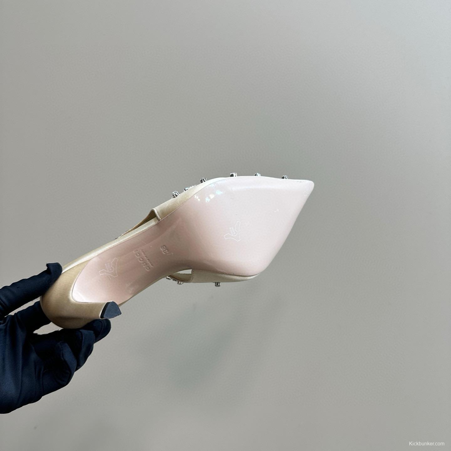 2025 Women Gucci Beige Silk Crystal Embellished Slingback Heels MJ00340