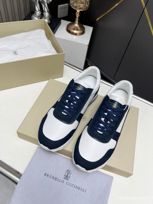 2024 Unisex Brunello Cucinelli White Navy Suede Leather Sneakers