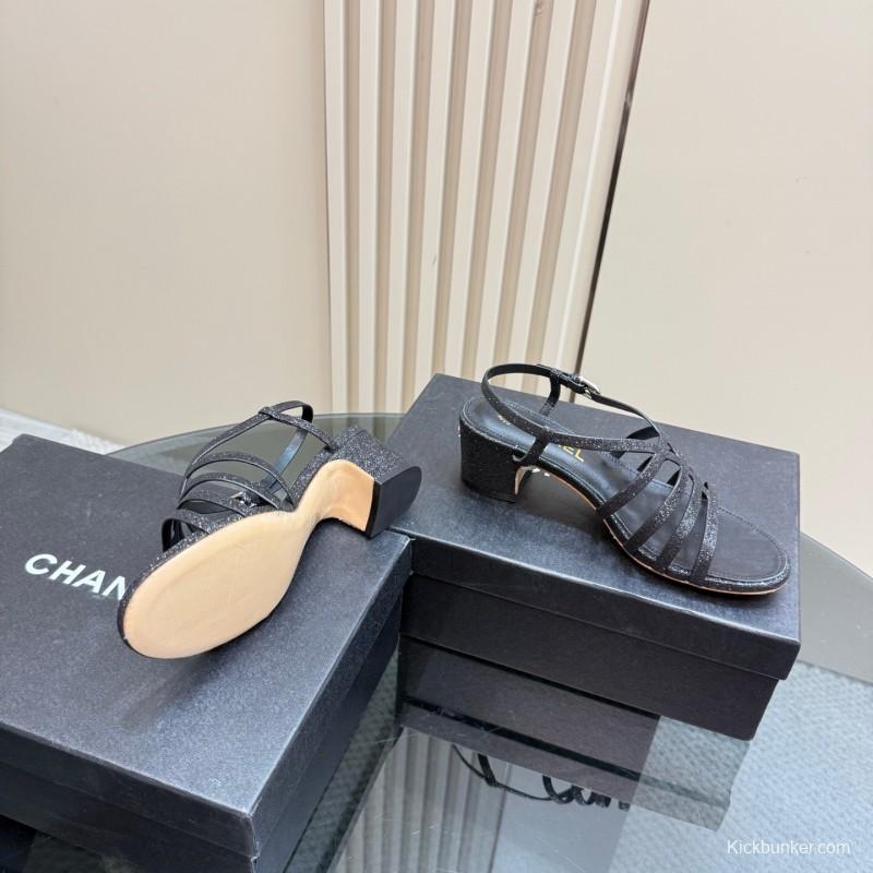 2025 Women Chanel Black Leather Sandals KFY00290