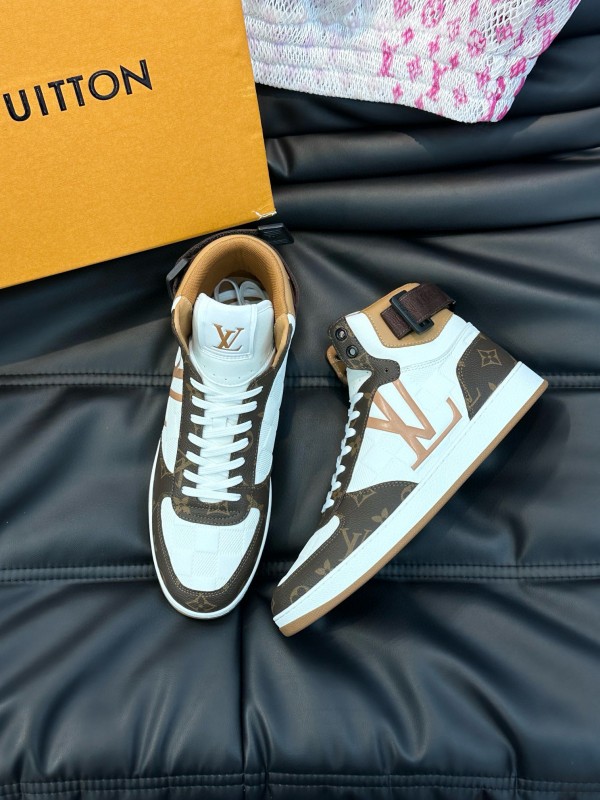 2024 Men Louis Vuitton White Brown Leather High Top Sneakers MJ00420