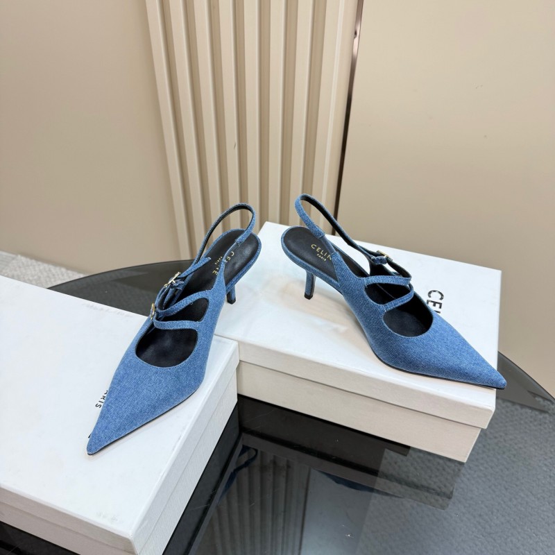2025 Women CELINE Blue Denim Leather Pointed Toe Slingback Heels KFY00290