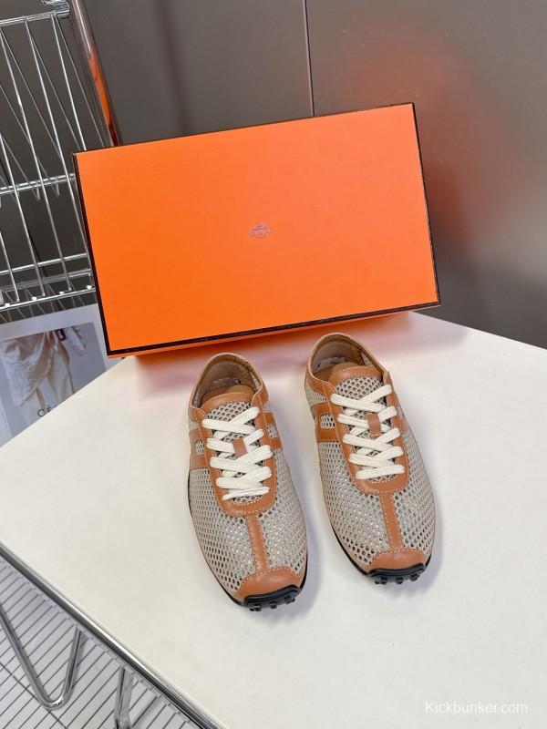 2025 Women Hermès Beige Brown Leather Mesh Sneakers KFY00250