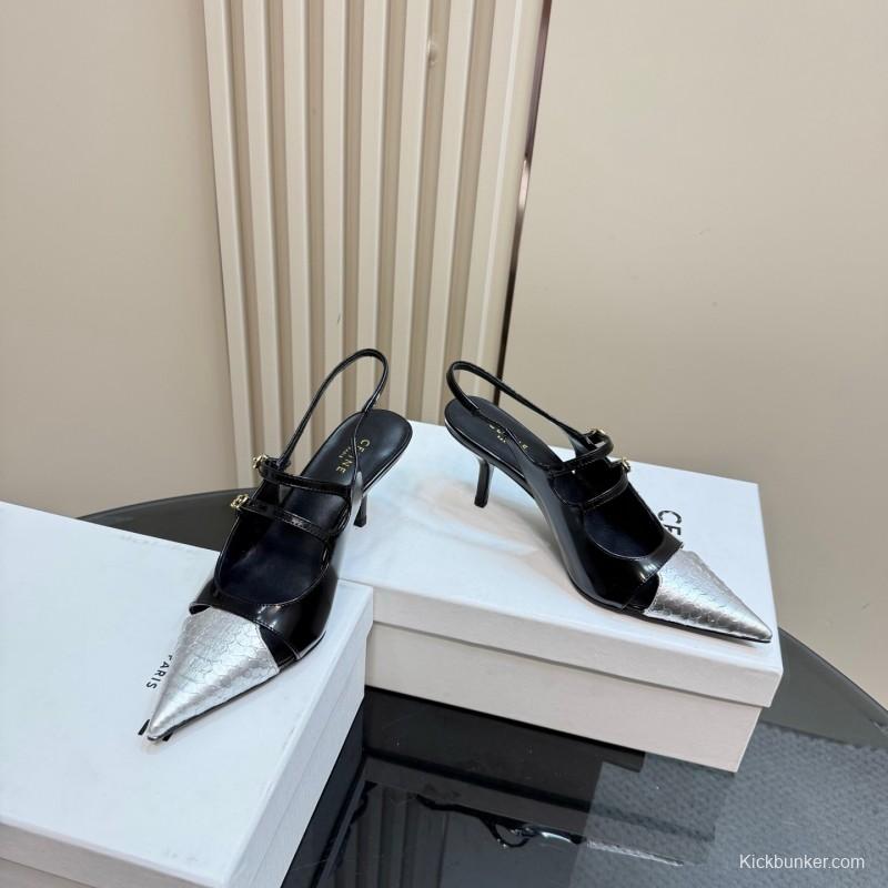 2025 Women Celine Black White Leather Pointed Toe Kitten Heel KFY00310