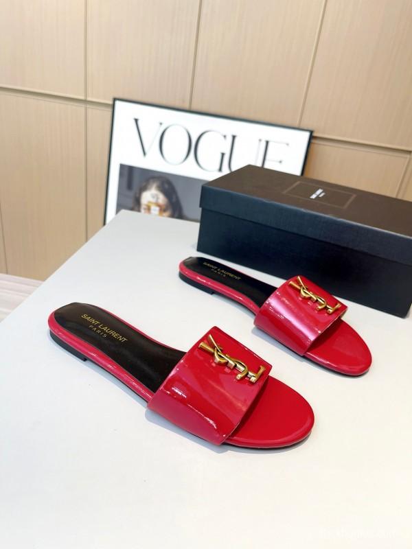 2025 Women Yves Saint Laurent Red Patent Leather Slippers LY00180