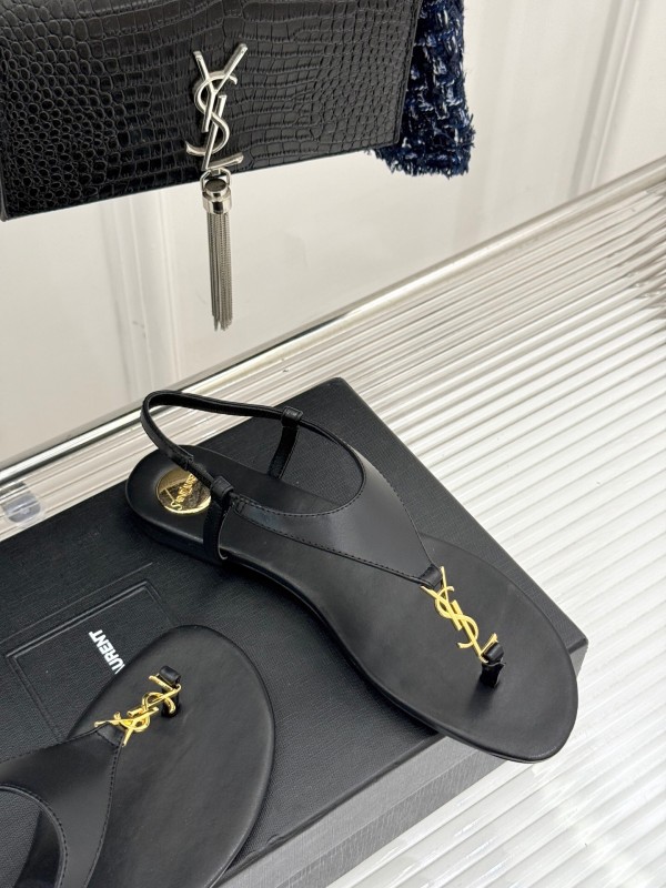 2025 Women Yves Saint Laurent Black Leather Sandals KFY00270