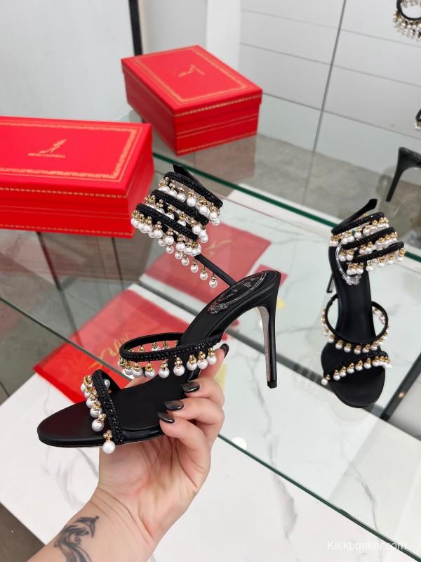 2025 Women RC Black Silk Crystal Pearl High Heel Sandals LY00360