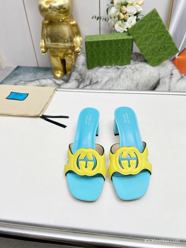 2025 Gucci Blue Yellow Leather Slippers
