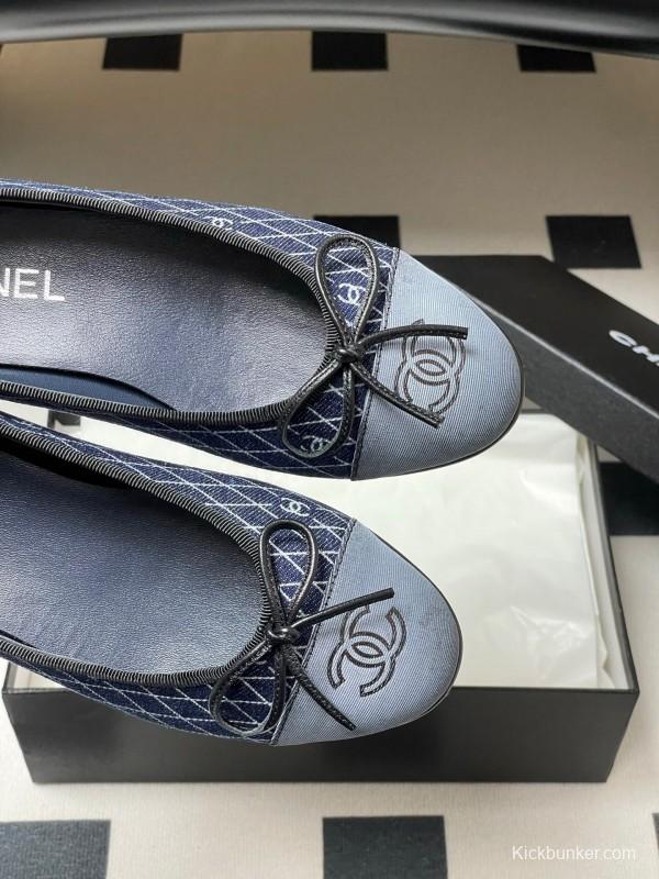 2025 Women Chanel Blue Denim Leather Ballet Flat