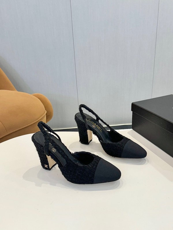 2025 Women Chanel Black Wool Leather Pumps LY00270