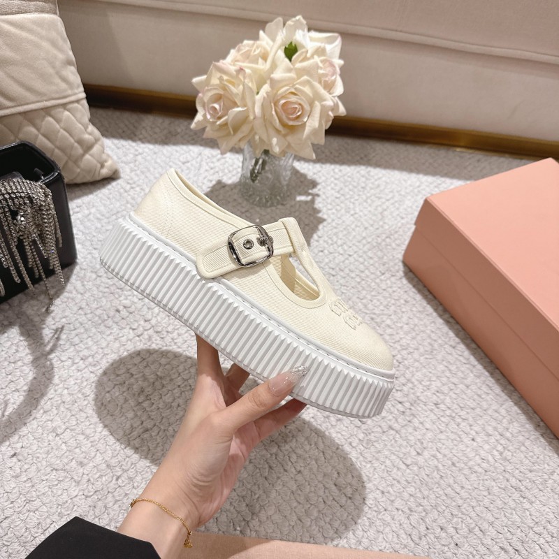 2025 Women Miu Miu White Canvas Platform Mary Jane LY00270