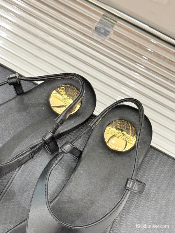 2025 Women Yves Saint Laurent Black Leather Sandals KFY00270