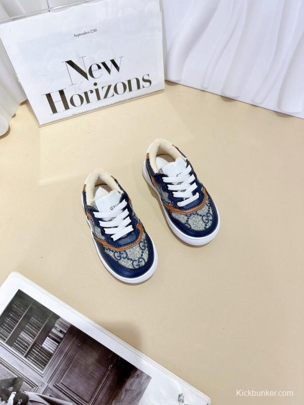 2024 Kids Gucci Blue Brown Canvas Leather Sneakers