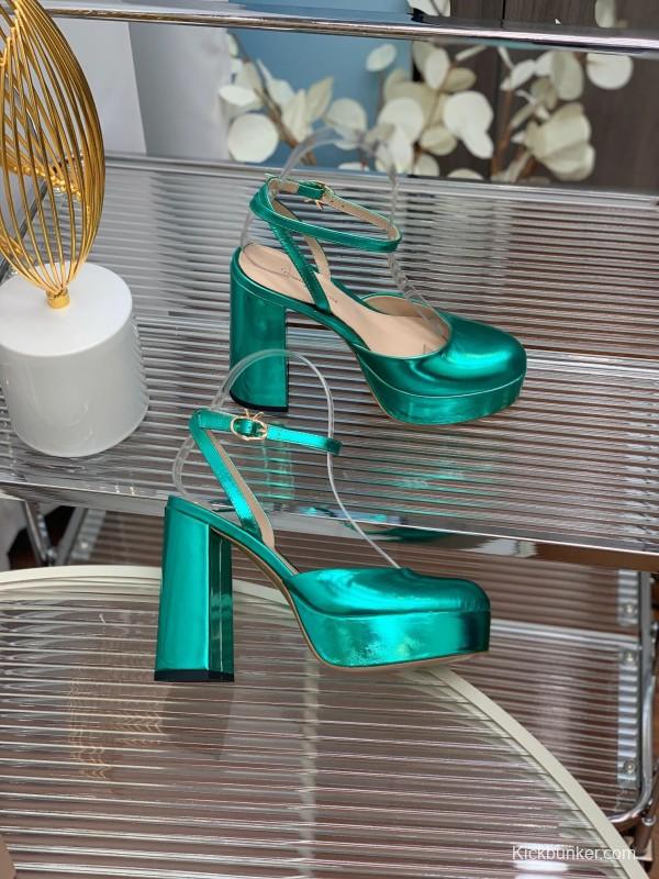 2025 Women Gianvito Rossi Metallic Green Leather Platform Sandals