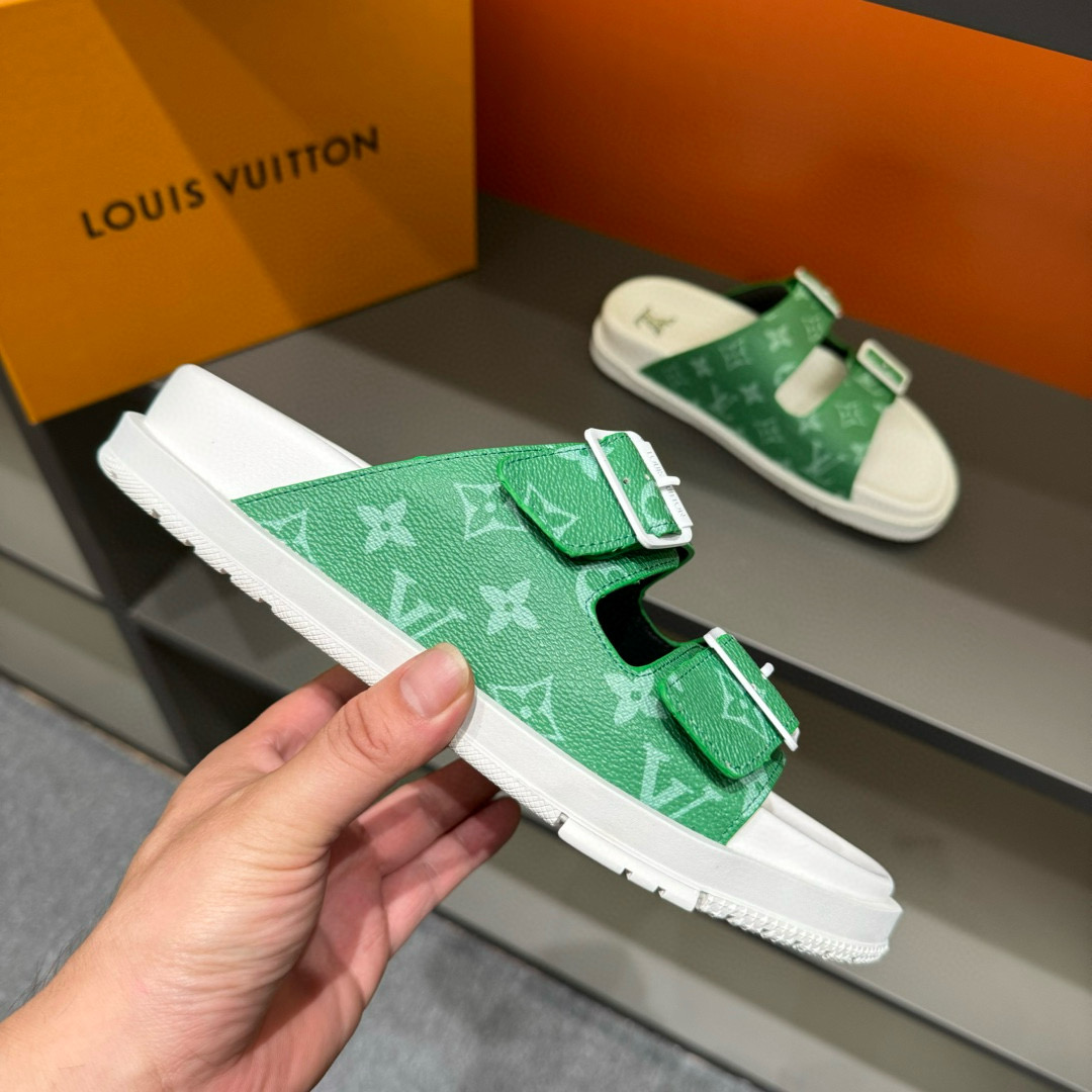 2024 Slippers Louis Vuitton Green Canvas Slippers