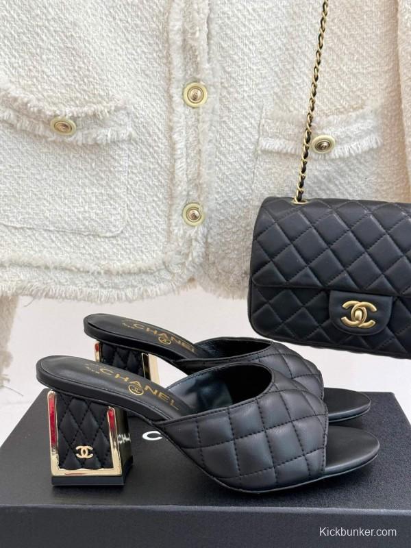 2025 Women Chanel Black Sheepskin Quilted High Heel Sandals