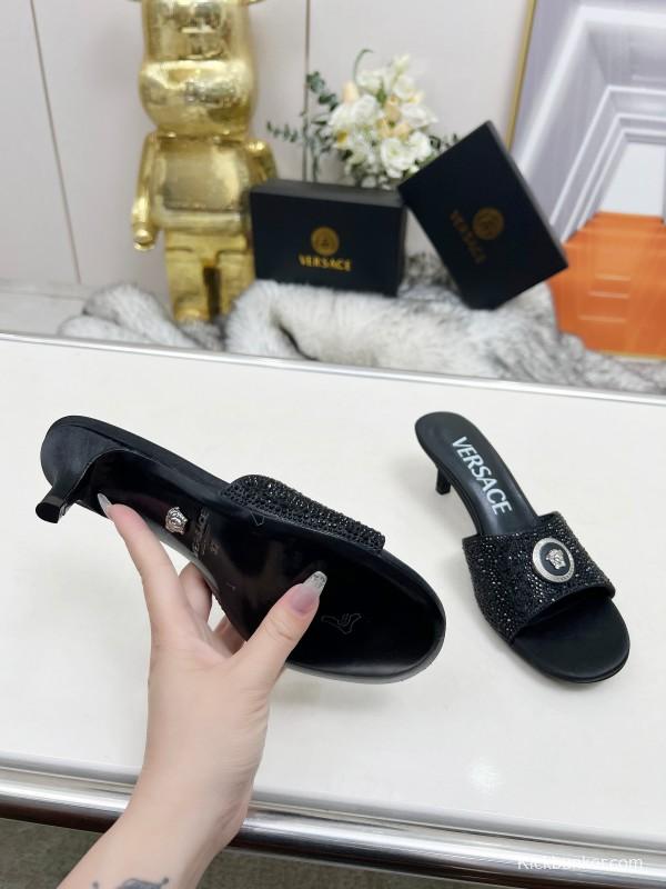 2025 Women VERSACE Black Silk Rhinestone Square Toe Sandals MJ00230