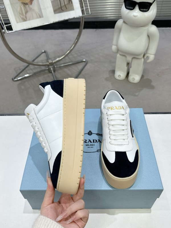 2025 Women Prada White Black Leather Suede Sneakers