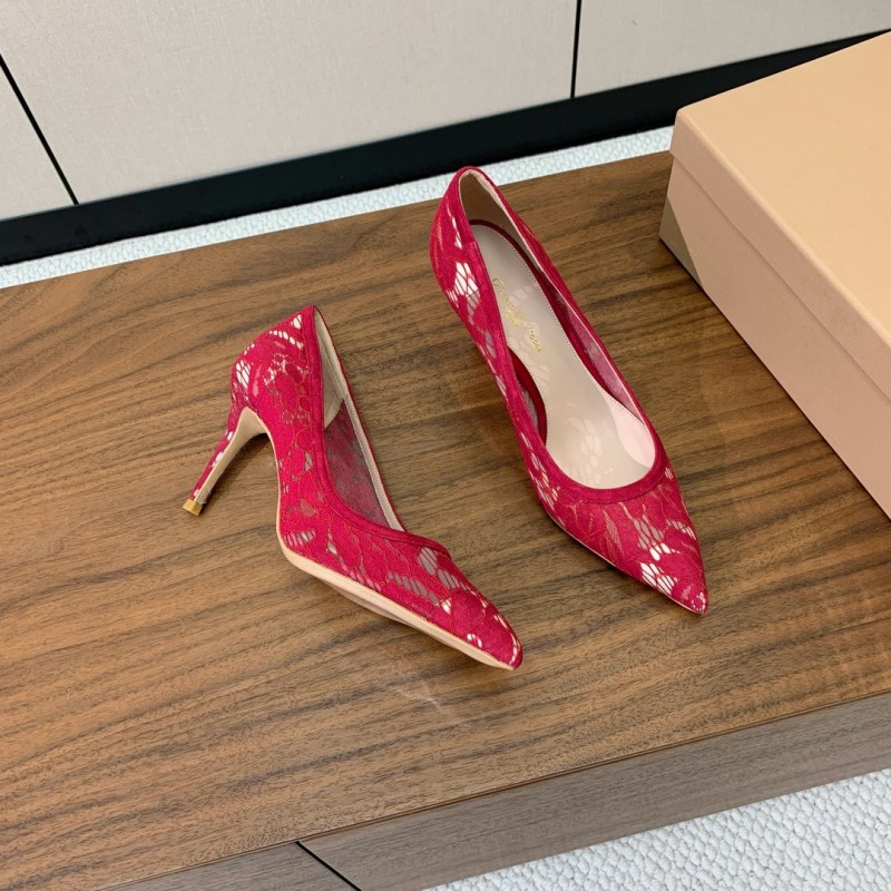2025 Women Gianvito Rossi Red Lace Leather Pumps KFY00280