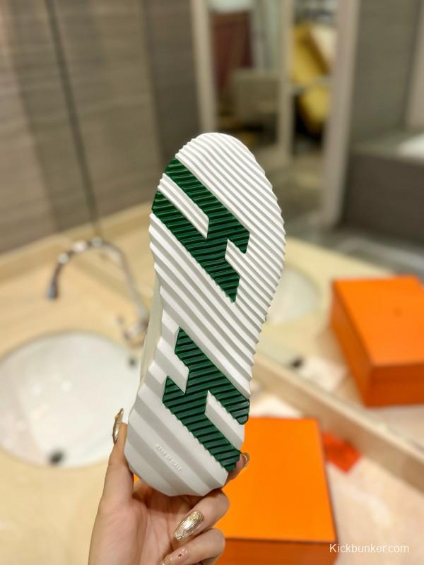 2024 Unisex Hermès White Green Mesh Suede Sneakers MJ00320