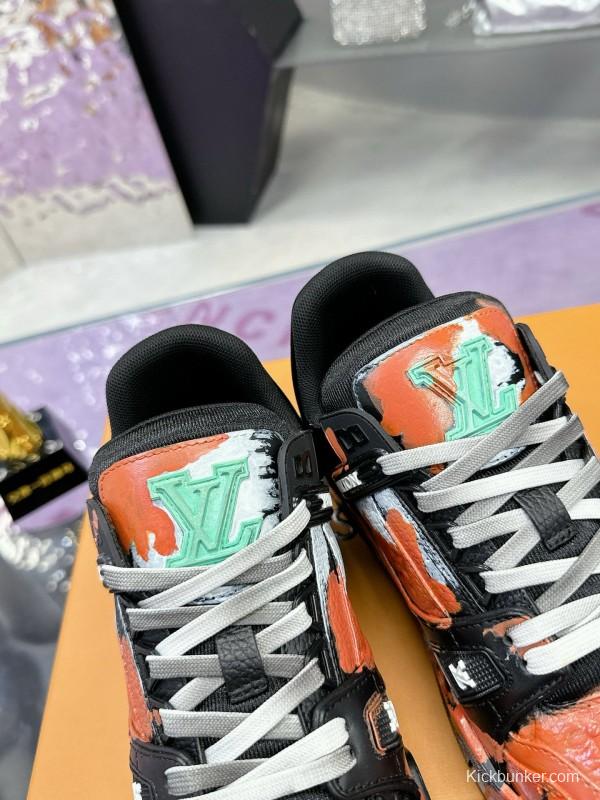 2024 Unisex Louis Vuitton Orange Black White Leather Denim Plimsolls Artist Hand-drawn MJ00780