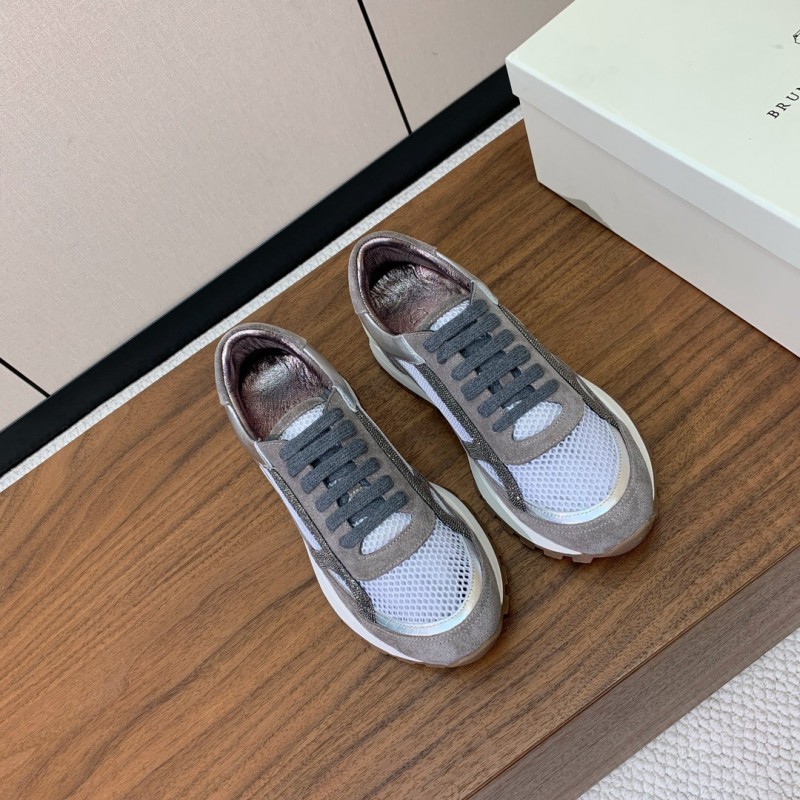 2025 Unisex Brunello Cucinelli Grey White Suede Mesh Leather Sneakers Handcrafted Beaded Chain KFY00310