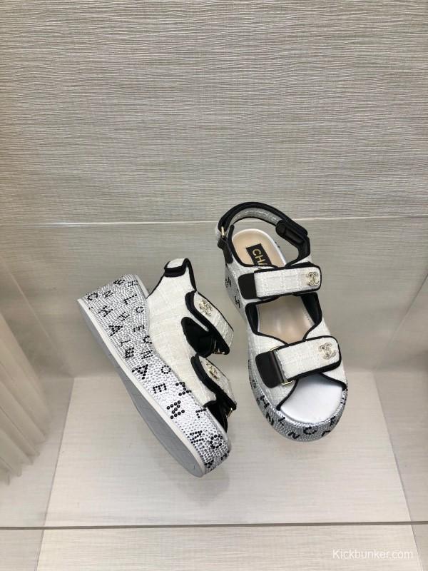2025 Women Chanel White Black Leather Sandals Platform LY00330