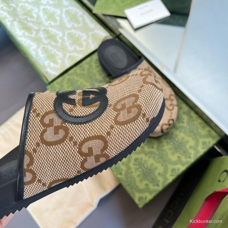 2024 Unisex Gucci Beige Brown Leather Slippers GG Pattern MJ00280