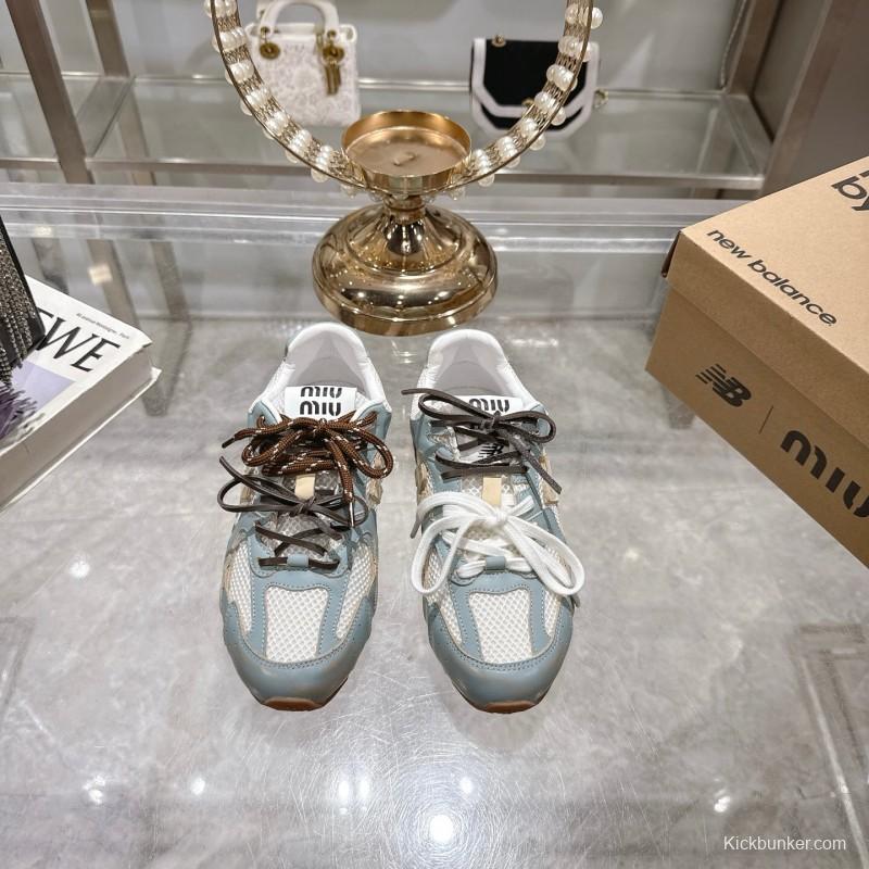 2025 Women Miumiu Light Blue White Leather Mesh Sneakers
