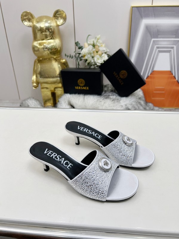 2025 Women VERSACE White Crystal Satin Mules