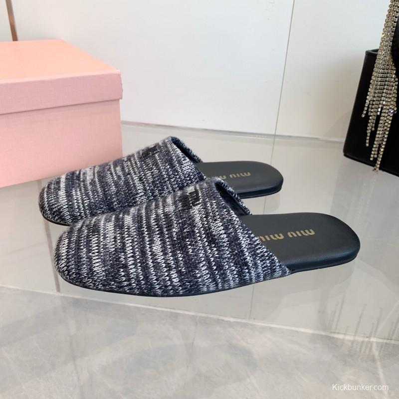 2025 Women Miu Miu Black White Knit Leather Slippers