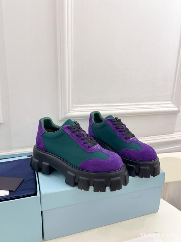 2025 Unisex Prada Purple Green Suede Silk Sneakers KFY00310(F)/KFY00330(M)