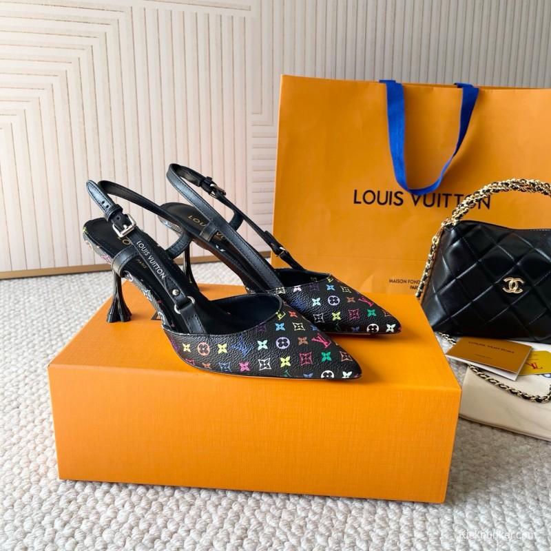 2025 Women Louis Vuitton Black Multicolor Canvas Leather Slingback Heels