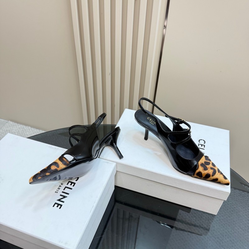 2025 Women Celine Leopard Black Patent Leather Slingback Heels