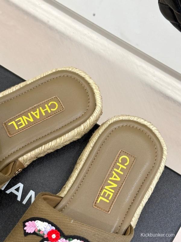 2025 Women Chanel Khaki Embroidered Lambskin Slippers KFY00230