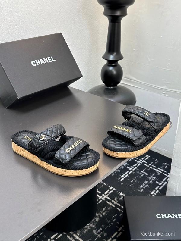 2025 Slippers Chanel Black Leather Cork Sole Sandal LY00250