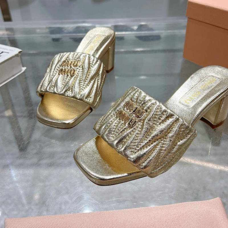 2025 Women Miumiu Gold Leather Sandals