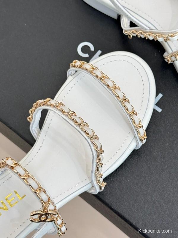 2025 Women Chanel White Leather Chain Strap Sandals