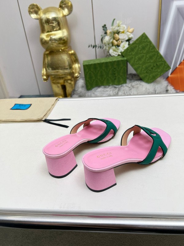 2025 Women Gucci Pink Green Leather Slippers