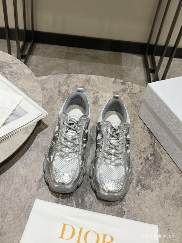 2025 Women Dior Silver Mesh Leather Running Sneakers