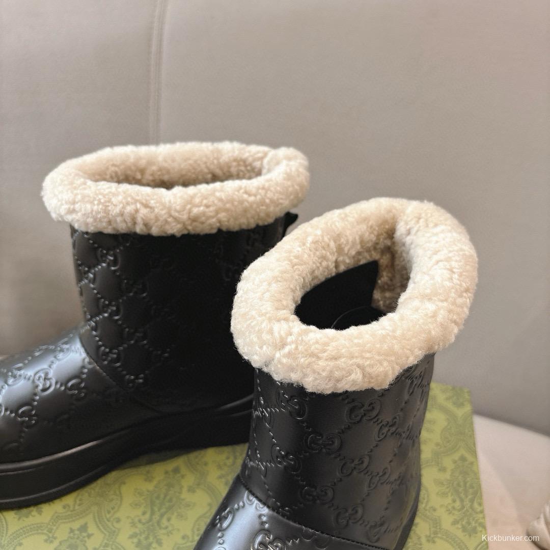 2024 Women Gucci black leather shearling snow boots MJ00350