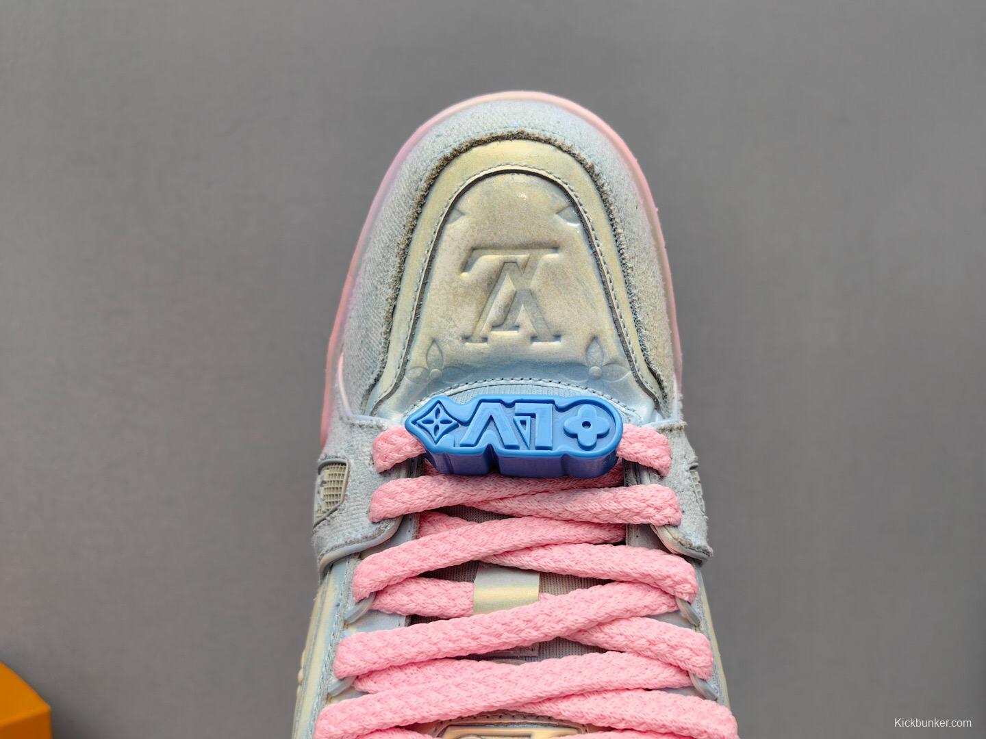 2025 Unisex Louis Vuitton Pink Grey Denim Sneakers KFY00510