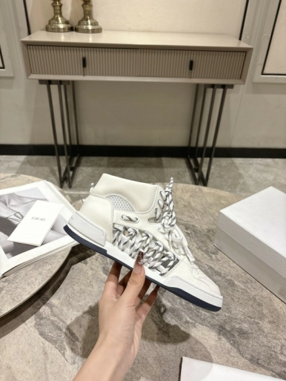 2025 Women Dior White Leather Mesh High-top Sneakers