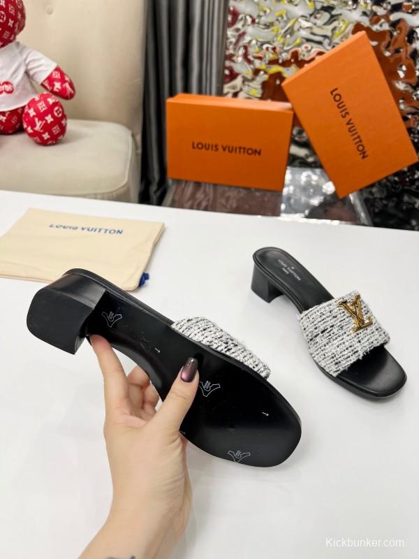 2025 Women Louis Vuitton Black White Tweed Heels LY00220