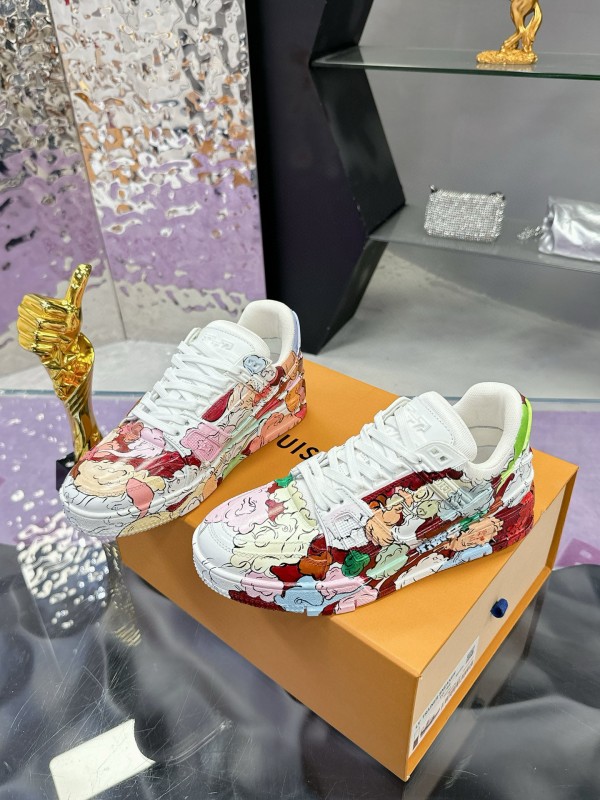 2024 Unisex Louis Vuitton White Pink Red Leather Canvas Sneakers Collaboration MJ00780