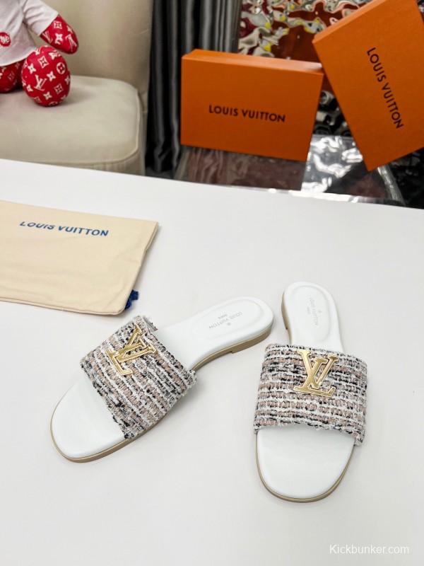 2025 Women Louis Vuitton White Tweed Leather Slippers LY00210