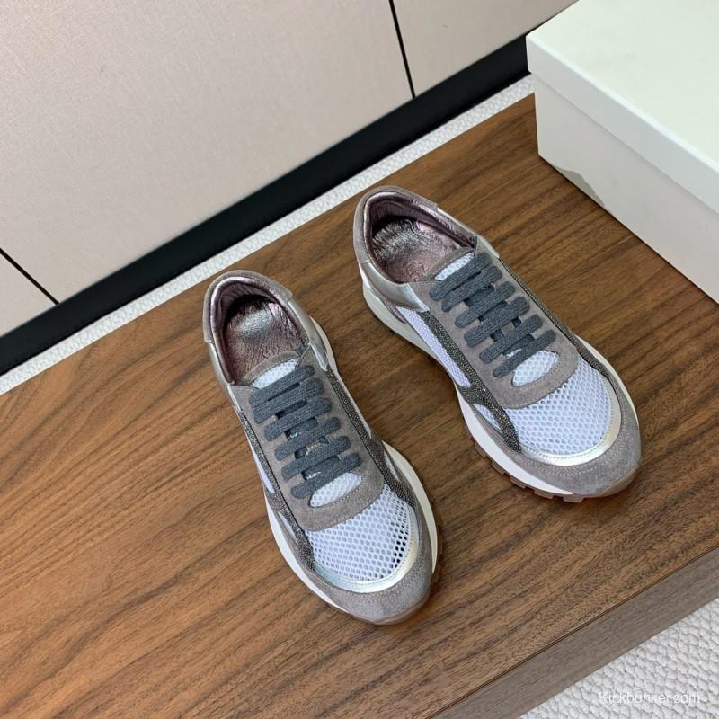 2025 Unisex Brunello Cucinelli Grey White Suede Mesh Leather Sneakers Handcrafted Beaded Chain KFY00310